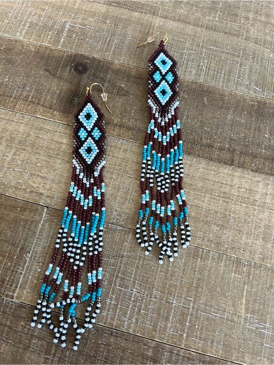 Myra Bag Jewelry - Western Beaded Long Earrings Brown Blue Beaded boho jewelry gift tassel  New